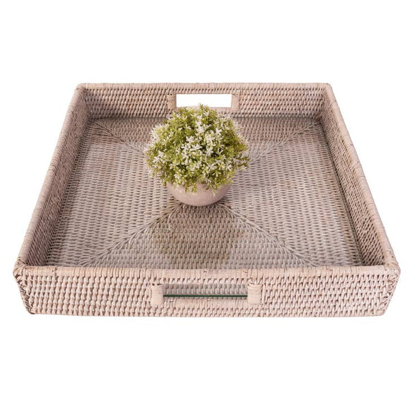 Rattan Square Serving Ottoman Tray Glass Insert - touchGOODS