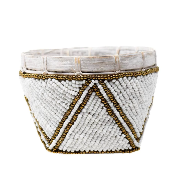 Bamboo Beaded Trinket Basket: White/Gold Trim - touchGOODS