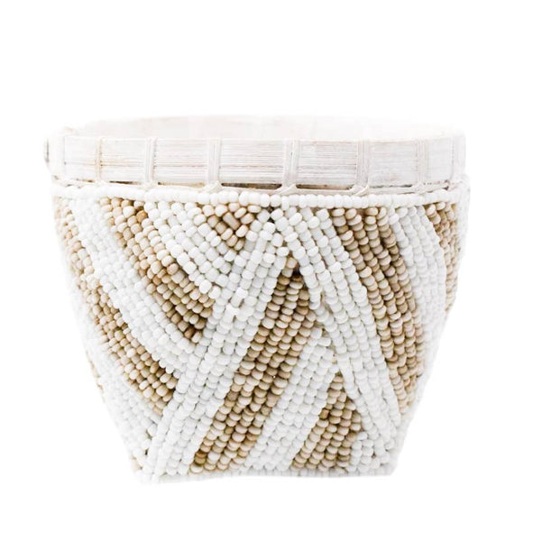 Bamboo Beaded Trinket Basket: Natural/White Wide Stripe - touchGOODS