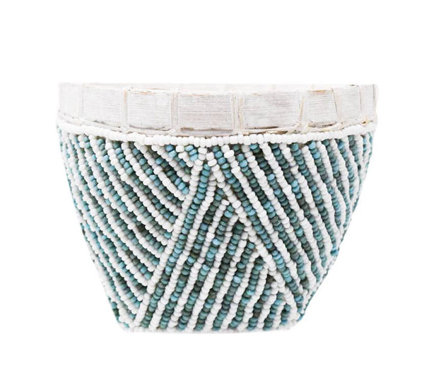 Bamboo Beaded Trinket Basket: Aqua/White Stripe - touchGOODS