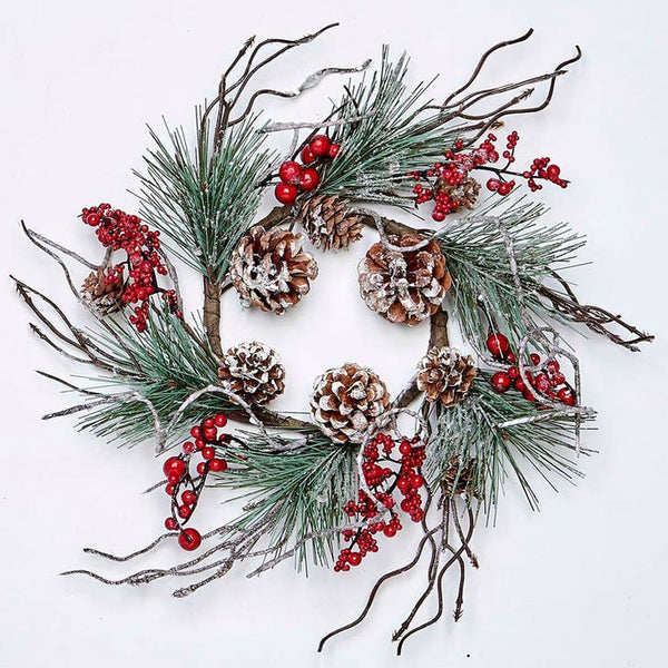 Frosted Pine Candle Ring W/Twigs & Berry 4.25" - touchGOODS