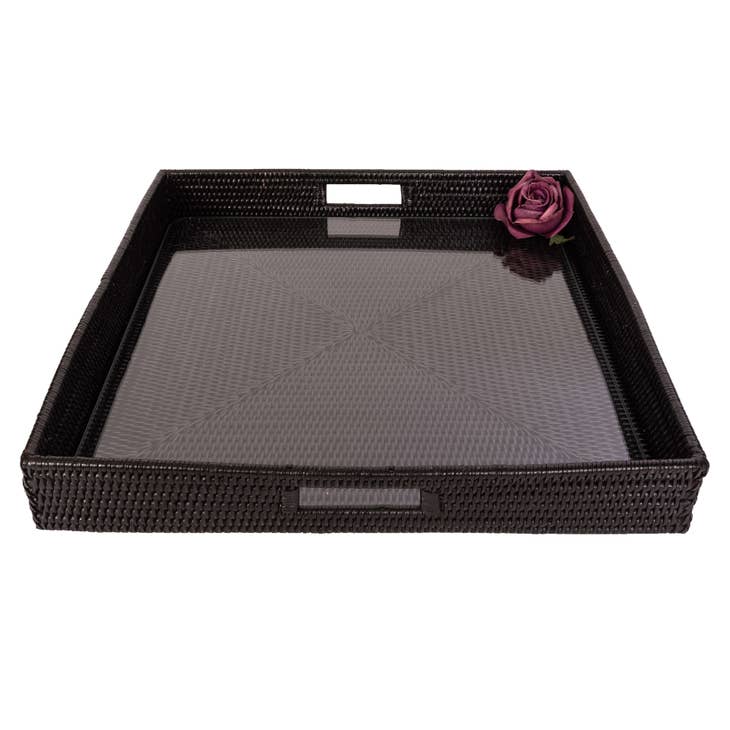 Rattan Square Serving Ottoman Tray Glass Insert - touchGOODS