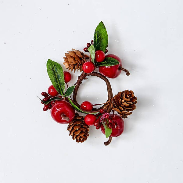 Leaves, red apple/berries and cone candle ring 1.25" - touchGOODS