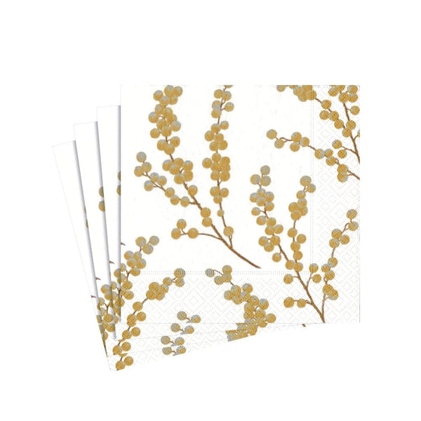 Berry Branches Paper Cocktail Napkins in White & Gold - 20 Per Package - touchGOODS