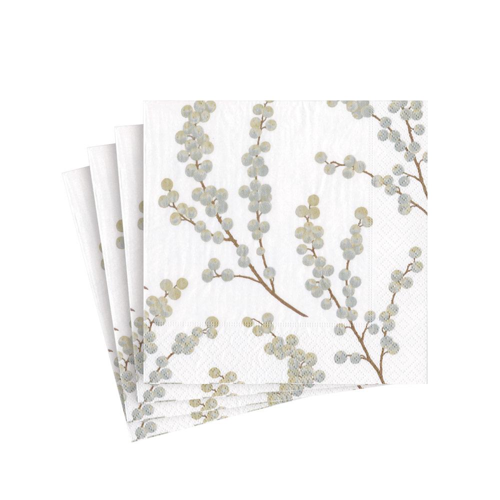 Berry Branches Paper Cocktail Napkins in White & Silver - 20 Per Package - touchGOODS