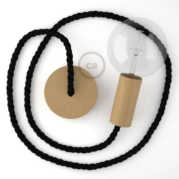 Wooden Pendant With XL Nautical Rope in Black Shiny Fabric, Made in Italy - touchGOODS